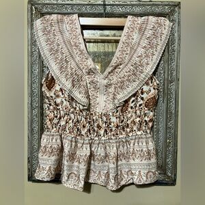 NWT! Rachel Zoe Tan and Brown Smocked Boho Top